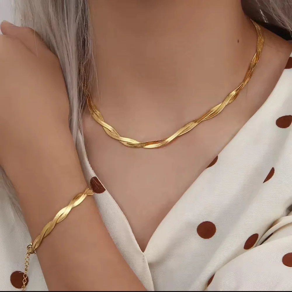 Braided New Herringbone Necklace Bracelet
 Gold 18K plated Set Stainless Steel - Picture 6 of 15